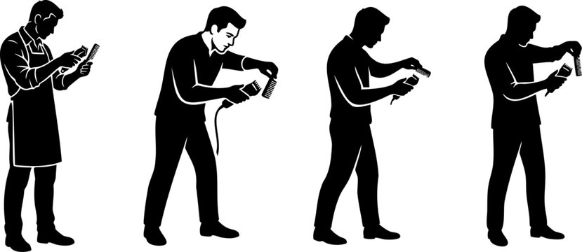 Silhouettes of barbers using hair clippers for grooming services