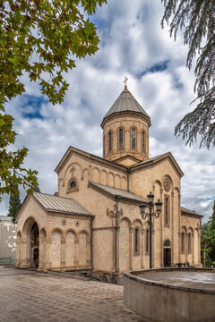 Kashveti Church facade in Tbilisi, Georgia. Three quarter view, partly cloudy day with nice soft lighting, neo-Georgian style