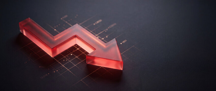Red downward arrow on financial grid made of glowing translucent glass with soft depth of field, ideal for economic recession, stock market crash, or business decline concepts