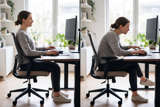 Two scenes show an office worker at a desk. On one side, the posture is correct with back straight. On the other side, the posture is poor with slumped shoulders