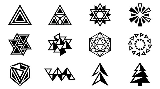 Bold geometric triangle logos and nature symbols.