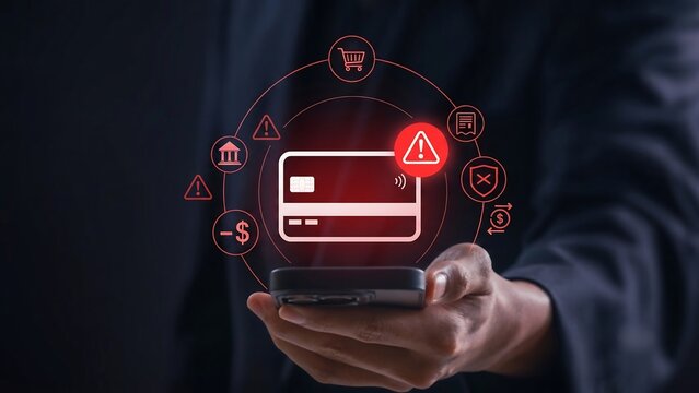 Online payment fraud detection and cybersecurity threat alert concept person using smartphone, blocked credit card transaction warning and digital banking security  new
