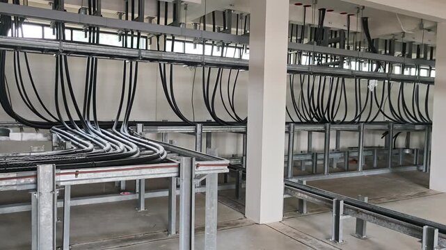 Panning right view of industrial electrical cable room showing black power wire lines organized on galvanized steel metal trays ladder inside building basement infrastructure.