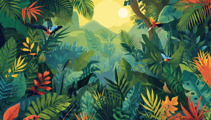 Vibrant and lush illustration of a tropical jungle with exotic birds flying amidst dense foliage and colorful plants under a bright sky.