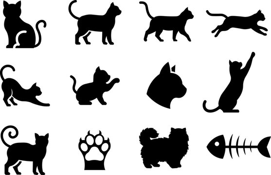 Black Cat Silhouettes Vector Set with Paw Print and Fish Bone Icons