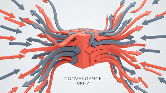 Abstract red and blue arrows converging into central cube