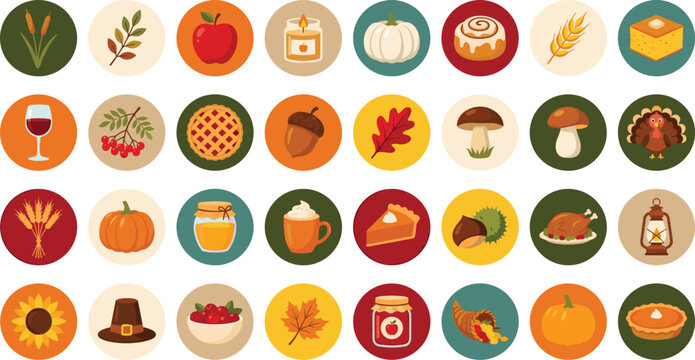 Autumn thanksgiving round highlight icons set cozy fall food and seasonal elements isolated on white background vector illustration