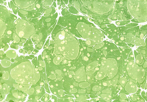 Green marbled ebru texture, organic cell pattern with cream droplets, traditional Turkish paper marbling art background.