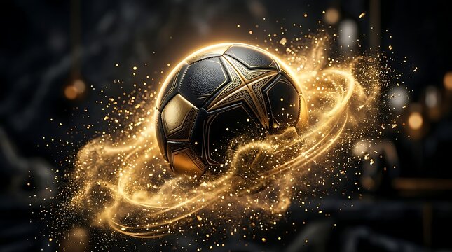Soccer ball exploding with cosmic energy and sparks in space