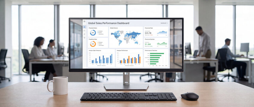 Sales performance dashboard on office monitor in a bright corporate workspace, featuring colorful charts, a white coffee mug, and black keyboard on a wooden desk for business analytics