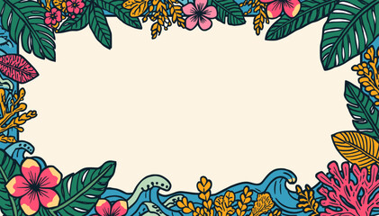 Vibrant tropical frame illustration with exotic leaves, flowers, waves, and coral, perfect for summer designs and beach-themed backgrounds. © Uchiha