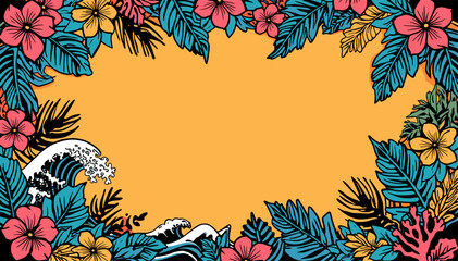 Vibrant tropical frame with colorful flowers, lush leaves, and ocean waves on an orange background, perfect for summer designs. © Uchiha