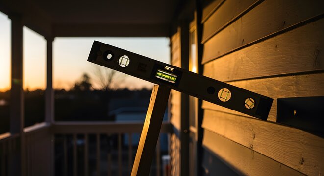 Leveling Tool on Wooden Wall During Sunset Outdoor Scene