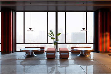 Obraz premium Stylish coworking cafe lounge with terracotta seating, round coffee tables, red columns and panoramic windows overlooking hazy city skyline. 3D Rendering