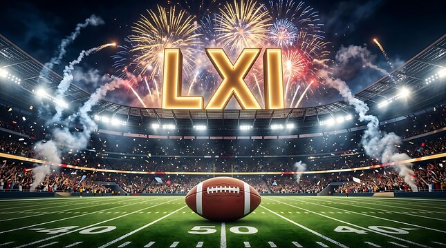 Super Bowl LXI football celebration with fireworks on field