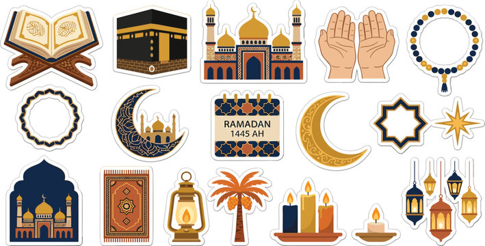 Ramadan kareem and eid mubarak islamic vector stickers set with quran kaaba mosque and traditional decorative elements