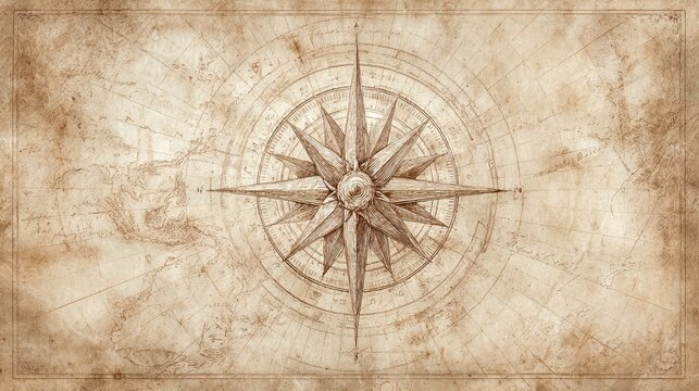 Vintage nautical chart with central compass detail