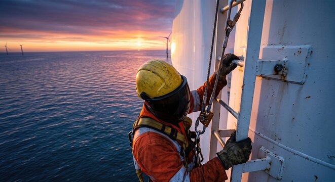 Wind turbine technician climbing a tall offshore mast at sunrise