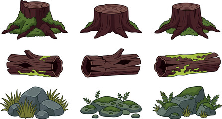 Old forest tree stumps hollow wooden logs and grey stones covered in green moss lichen ferns and wild grass vector icon set. © Rashidul
