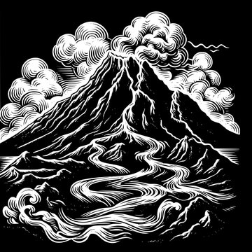 Volcanic Mountains with Flowing Lava, Smoke and Rugged Terrain Vector Illustration