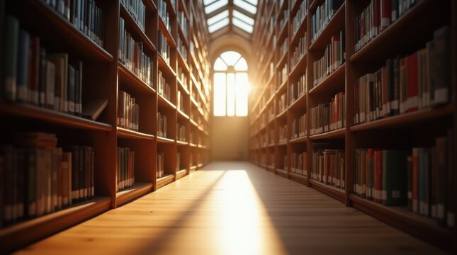 Pasillo de biblioteca con estanter&iacute;as interminables que se pierden en una suave perspectiva; conocimiento y aprendizaje