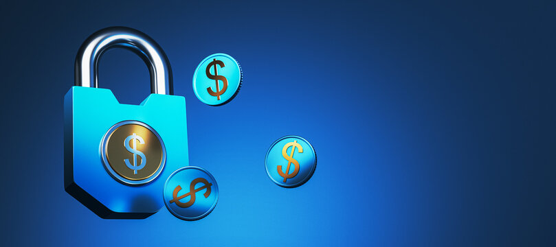 Blue padlock with floating dollar coins on gradient banner background with copy space, symbol of financial security and savings protection. 3D Rendering
