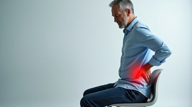 Hombre de mediana edad sentado en una silla y sujet&aacute;ndose la zona lumbar; un sutil indicador de dolor de color rojo brillante resalta dicha &aacute;rea