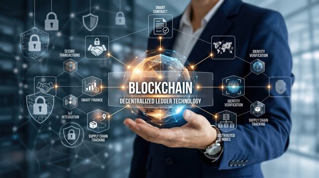 Blockchain decentralized ledger technology, cryptocurrency, bitcoin, secure transactions, smart contracts, identity verification, supply chain tracking, distributed nodes, finte...