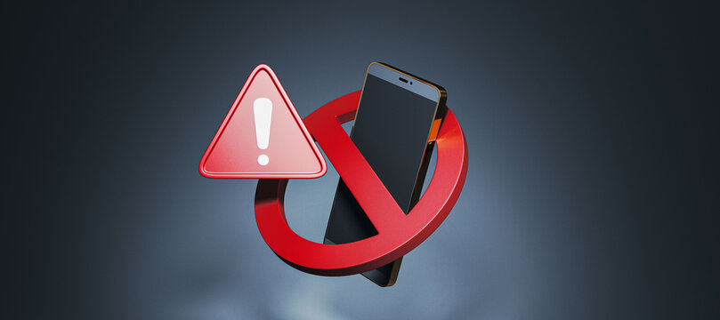 Smartphone crossed by red prohibition sign with warning triangle on dark background showing phone ban, restriction and digital detox concept. 3D Rendering