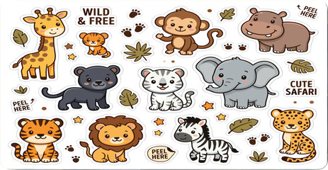 Large collection of cute wild safari animals sticker pack with tropical jungle elements isolated on white background flat vector illustration set © Nesar