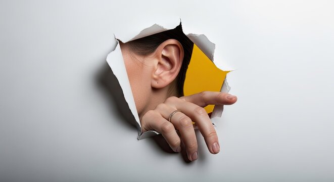 Person Listening Through Hole in White Paper Background