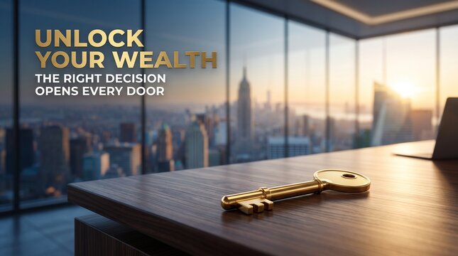 Business success concept with golden key on wooden desk over city skyline with modern office overlooking