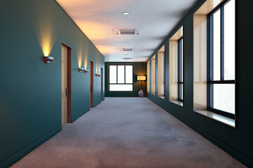 Fototapeta premium Empty hotel corridor interior with dark green walls, wooden doors, sconce lamps, beige carpet and row of windows with city view. 3D Rendering
