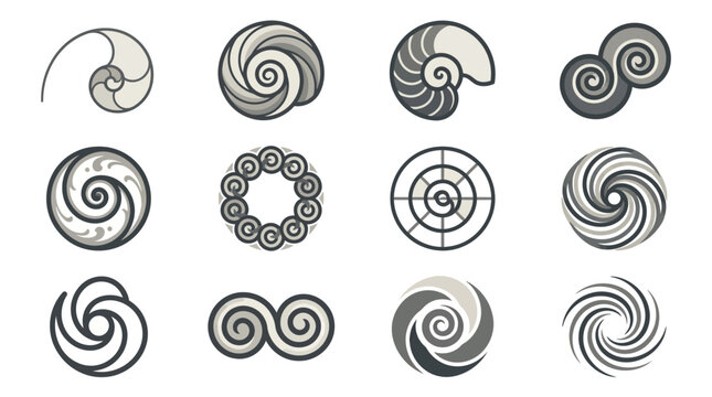 Geometric nautilus shell and mathematical spiral icon set.