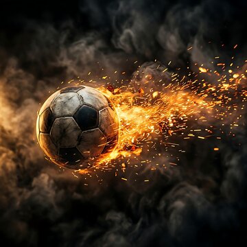 Soccer ball exploding with fiery sparks in dark space
