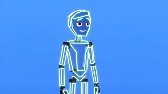 Friendly robot character waving hello with subtle head tilt in bright blue studio lighting