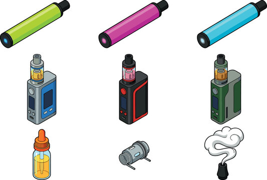 Isometric vaping and electronic cigarette vector icon set with vape pens mods eliquid bottle heating coil and vapor smoke cloud.