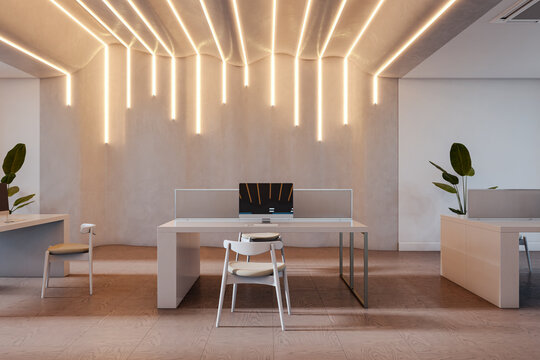 Minimalist office interior with white desk, computer and decorative LED lamp lines under sculpted ceiling on beige concrete wall. 3D Rendering