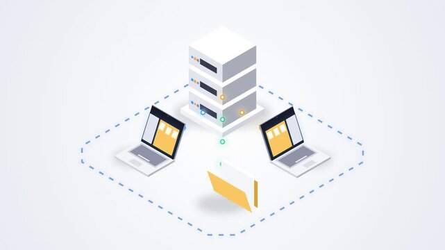 Isometric vector illustration of server database network connected to laptop computers and a folder icon for file sharing