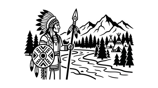 Native American Warrior Standing Proudly in a Mountain Landscape.