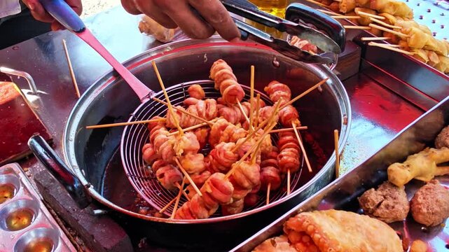 Traditional Indonesian fried snacks are displayed at a street food stall while a vendor fries them for customers. Authentic local cuisine featuring crispy homemade snacks and a vibrant street food cul