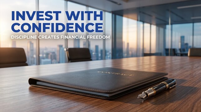 Leather contract folder with fountain pen placed on wooden boardroom table overlooking modern city skyline