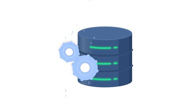 Database management and data processing icon with server storage and gears