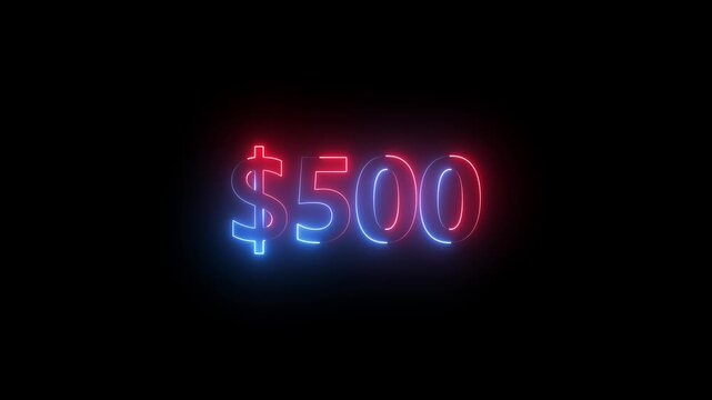 Glowing Blue Neon 500 Dollars Price Tag Sign Animation Loop One Thousand USD Currency Symbol Isolated on Black Background Motion Graphic