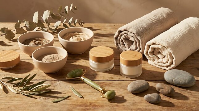 Spa beauty set with face cream pots clay bowls jade roller green leaves and rolled towels on wooden table. basic cosmetics guide