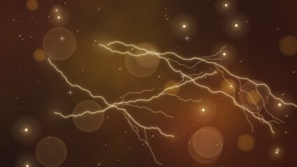Yellow lightning strikes and glowing orbs on a dark background © warmia
