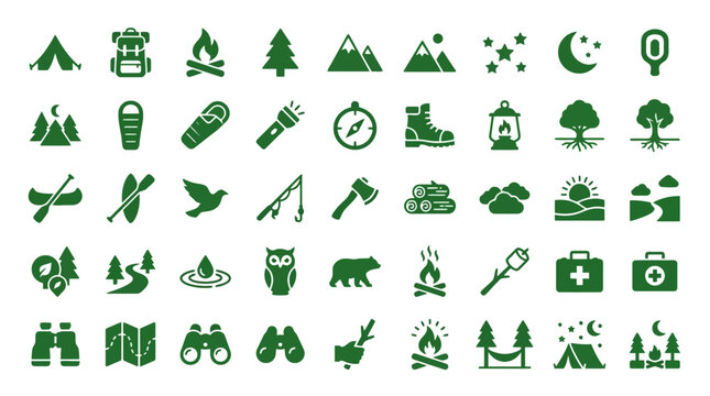 Vector Icons Set of green camping and outdoor adventure icons for travel design. EPS Editable