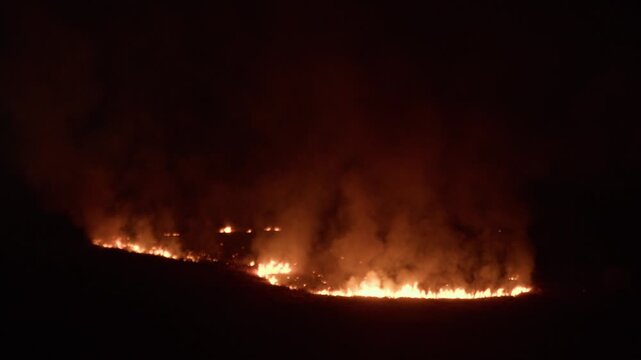 Summer fire on the hill at night