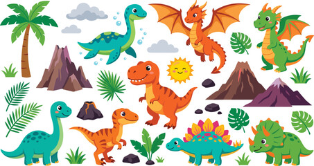 Large collection of cute cartoon dinosaurs and dragons with prehistoric nature elements isolated on white background flat vector illustration set © Nesar