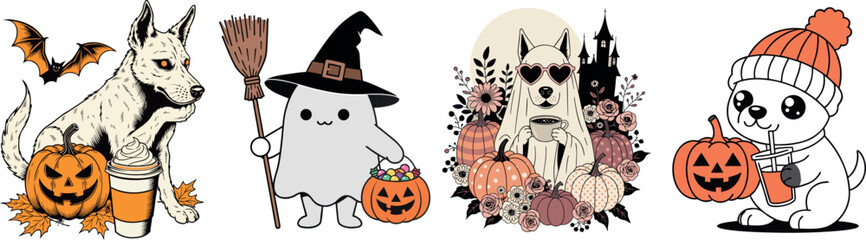 Cute Halloween Dogs and Ghosts on Transparent Background © Tarek